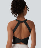 Airy Twisted Backless Adjustable Buckle U-Neck Sleeveless Built-in Bra InstantCool Casual Bodysuit — Black — view 6