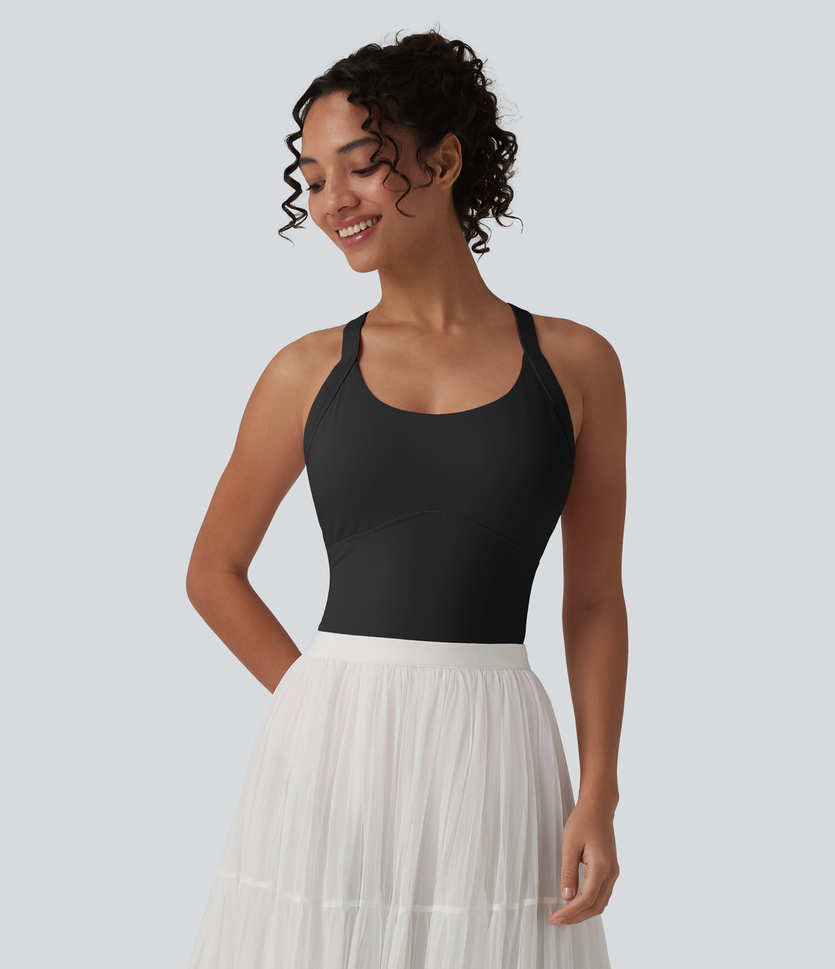 Airy Twisted Backless Adjustable Buckle U-Neck Sleeveless Built-in Bra InstantCool Casual Bodysuit — Black — view 4