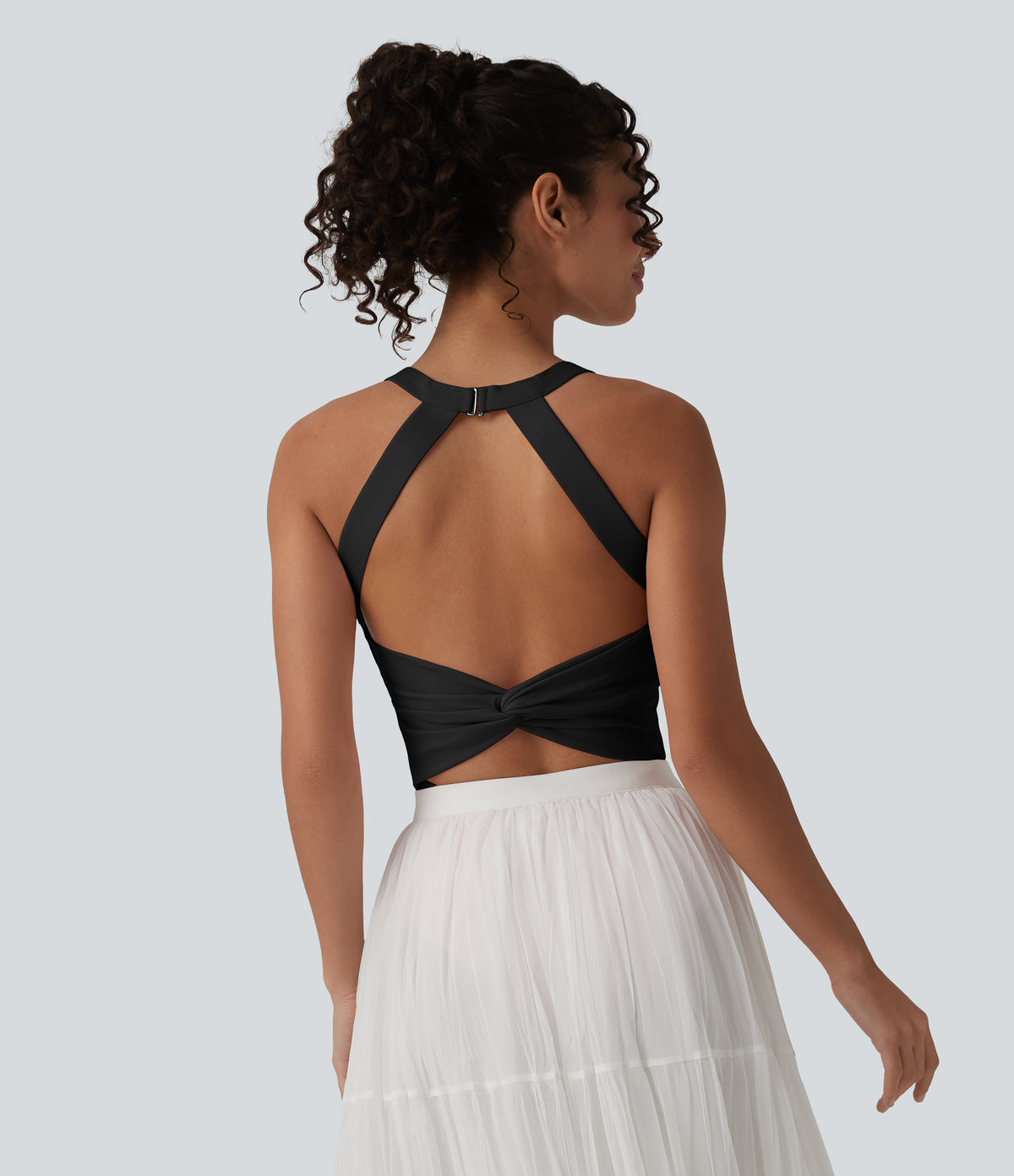 Airy Twisted Backless Adjustable Buckle U-Neck Sleeveless Built-in Bra InstantCool Casual Bodysuit — Black — view 3