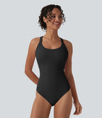 Airy Twisted Backless Adjustable Buckle U-Neck Sleeveless Built-in Bra InstantCool Casual Bodysuit — Black — view 2