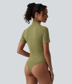 Ribbed Knit High Neck Cut Out Short Sleeve Skinny Casual Bodysuit — Green Olive — view 3