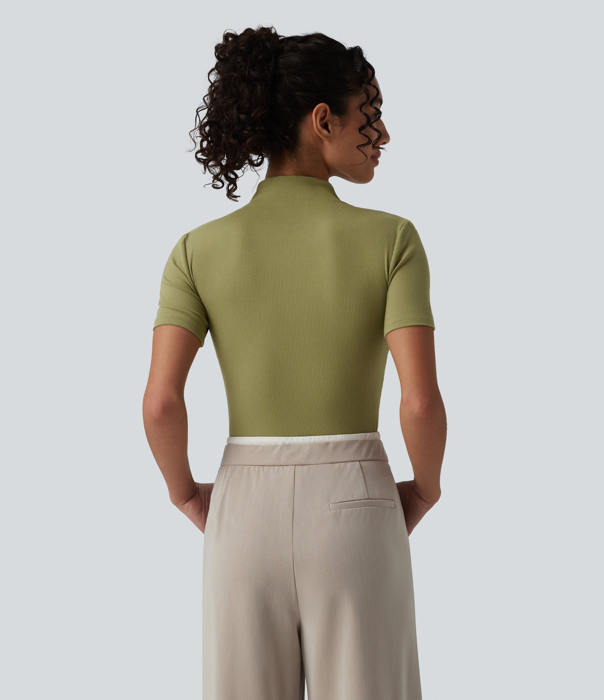 Ribbed Knit High Neck Cut Out Short Sleeve Skinny Casual Bodysuit — Green Olive — view 4