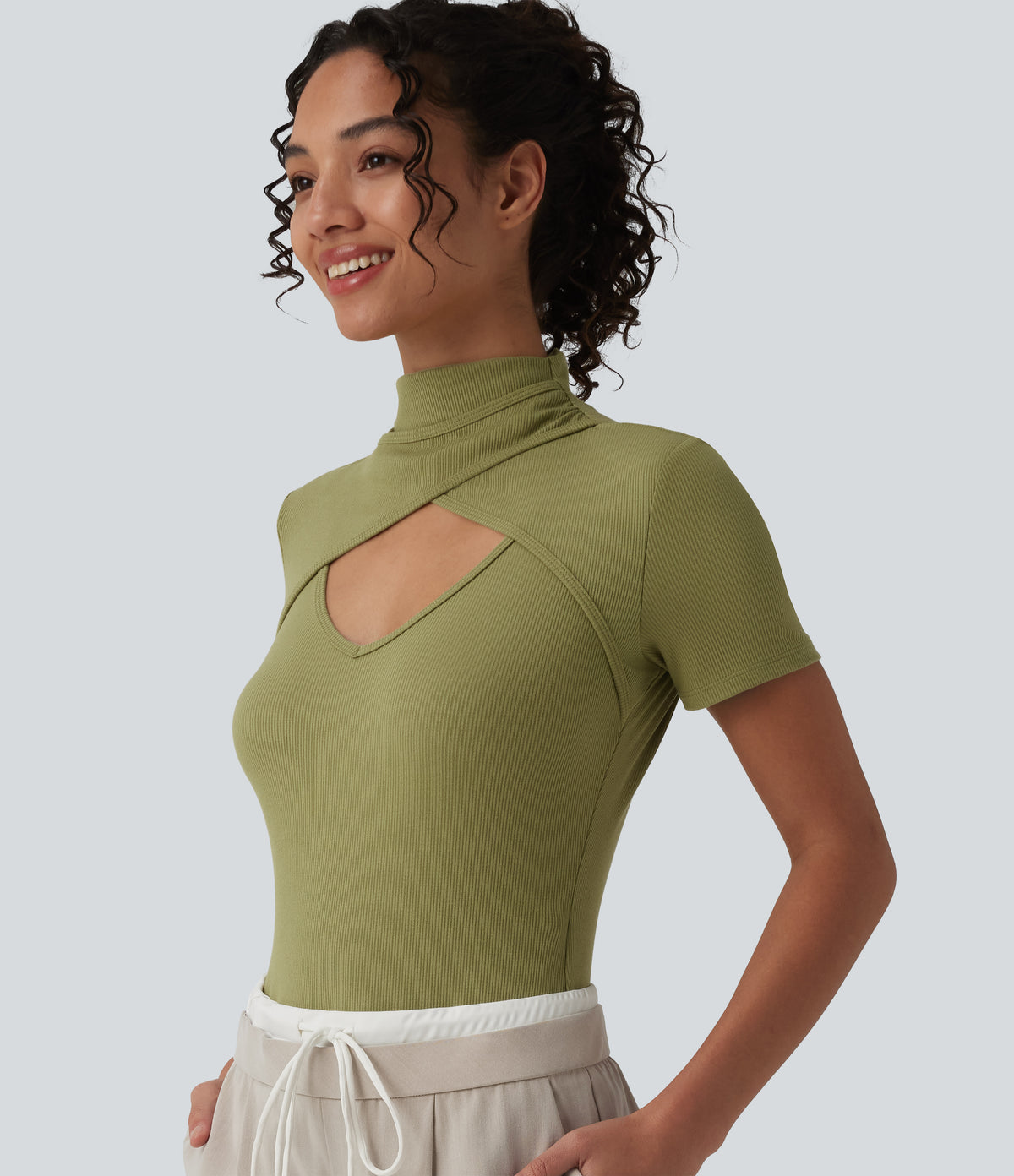 Ribbed Knit High Neck Cut Out Short Sleeve Skinny Casual Bodysuit — Green Olive — view 6