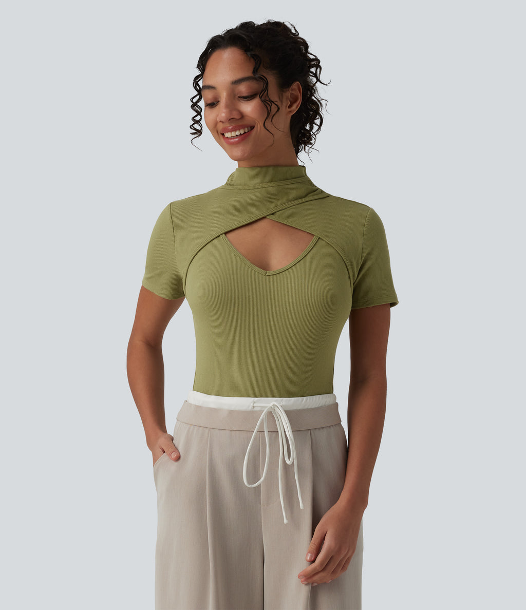 Ribbed Knit High Neck Cut Out Short Sleeve Skinny Casual Bodysuit — Green Olive — view 2