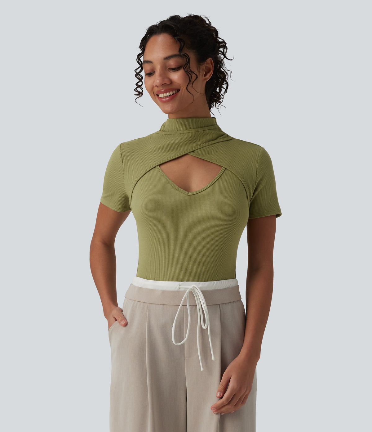 Ribbed Knit High Neck Cut Out Short Sleeve Skinny Casual Bodysuit — Green Olive — view 2