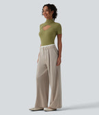 Ribbed Knit High Neck Cut Out Short Sleeve Skinny Casual Bodysuit — Green Olive — view 7