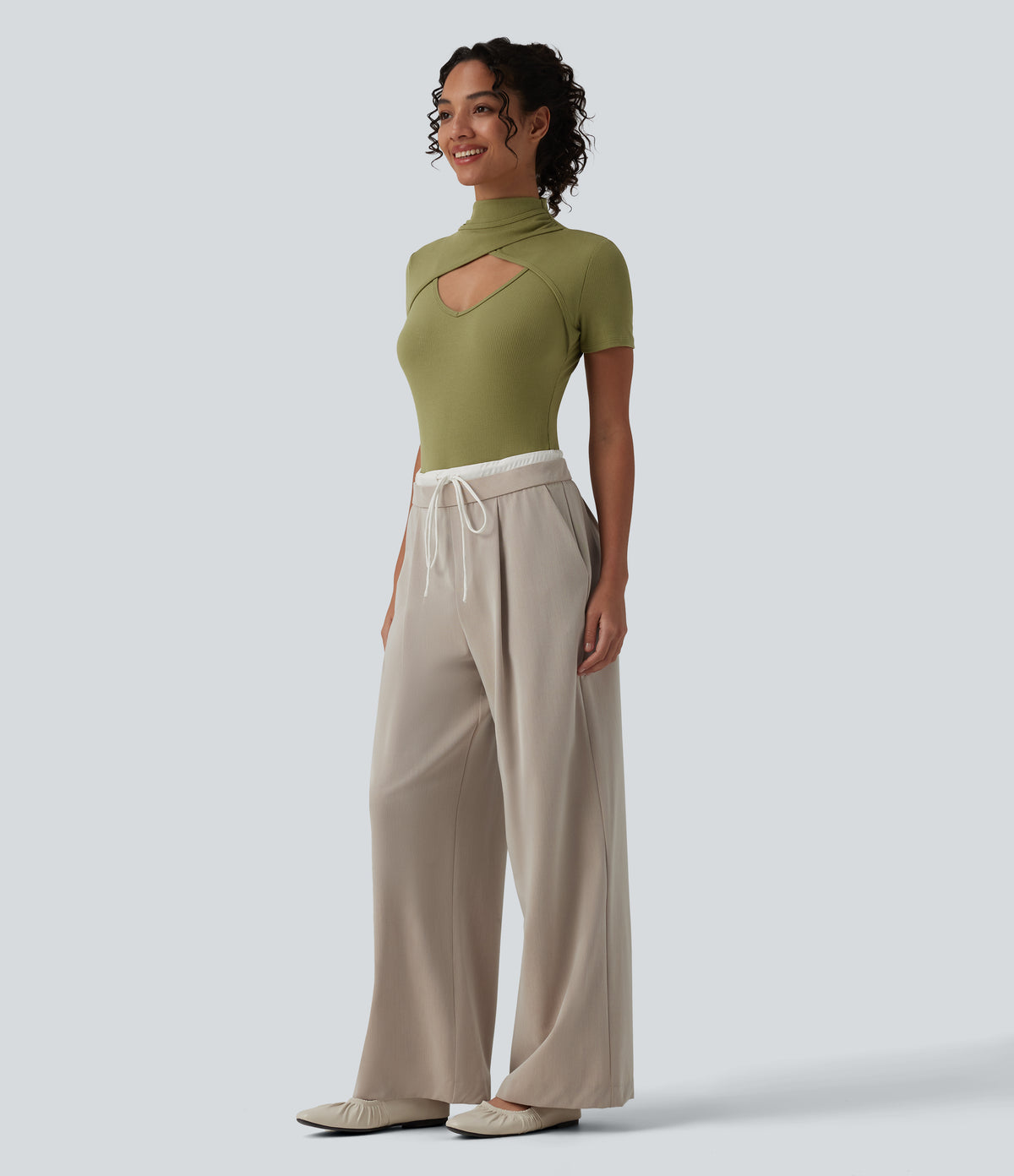 Ribbed Knit High Neck Cut Out Short Sleeve Skinny Casual Bodysuit — Green Olive — view 7