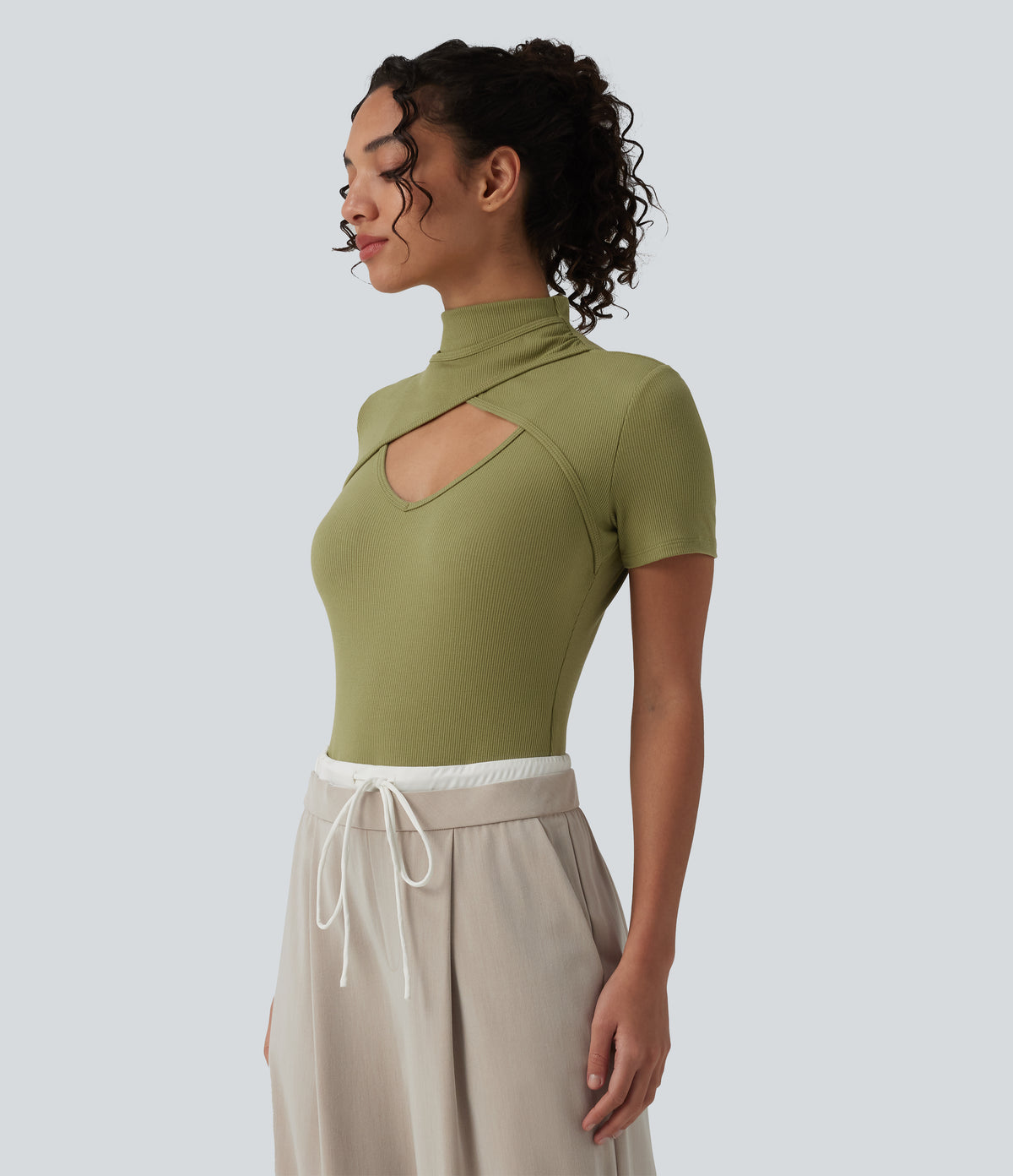 Ribbed Knit High Neck Cut Out Short Sleeve Skinny Casual Bodysuit — Green Olive — view 5