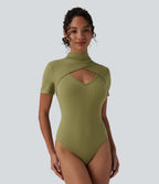 Ribbed Knit High Neck Cut Out Short Sleeve Skinny Casual Bodysuit — Green Olive — view 1