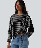 Boat Neck Long Sleeve Drawstring Hem Stripes Casual Top — Ink White Stripe — view 1