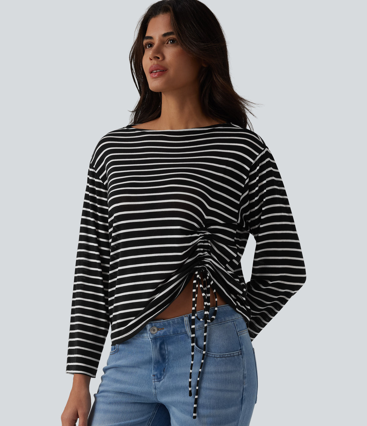 Boat Neck Long Sleeve Drawstring Hem Stripes Casual Top — Ink White Stripe — view 1