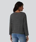 Boat Neck Long Sleeve Drawstring Hem Stripes Casual Top — Ink White Stripe — view 2