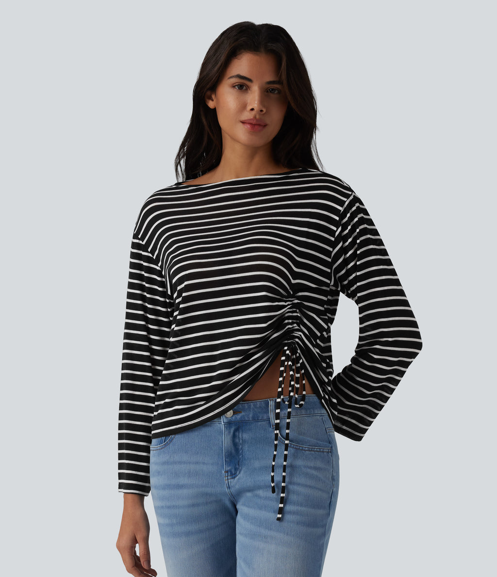 Boat Neck Long Sleeve Drawstring Hem Stripes Casual Top — Ink White Stripe — view 3
