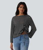 Boat Neck Long Sleeve Drawstring Hem Stripes Casual Top — Ink White Stripe — view 3