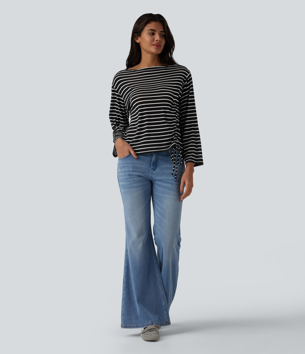 Boat Neck Long Sleeve Drawstring Hem Stripes Casual Top — Ink White Stripe — view 5