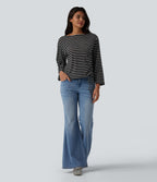 Boat Neck Long Sleeve Drawstring Hem Stripes Casual Top — Ink White Stripe — view 5