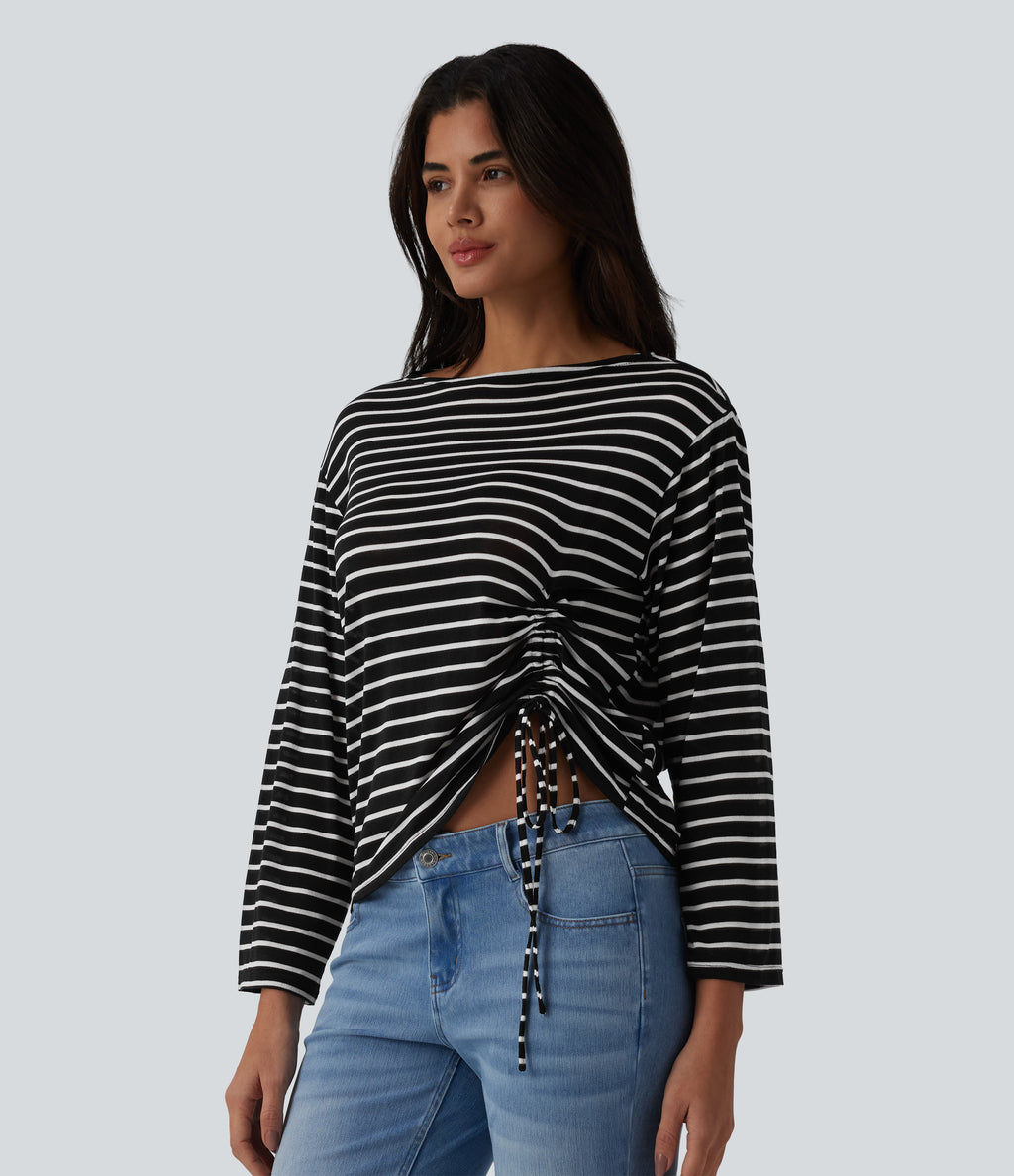 Boat Neck Long Sleeve Drawstring Hem Stripes Casual Top — Ink White Stripe — view 4