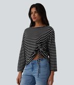 Boat Neck Long Sleeve Drawstring Hem Stripes Casual Top — Ink White Stripe — view 4
