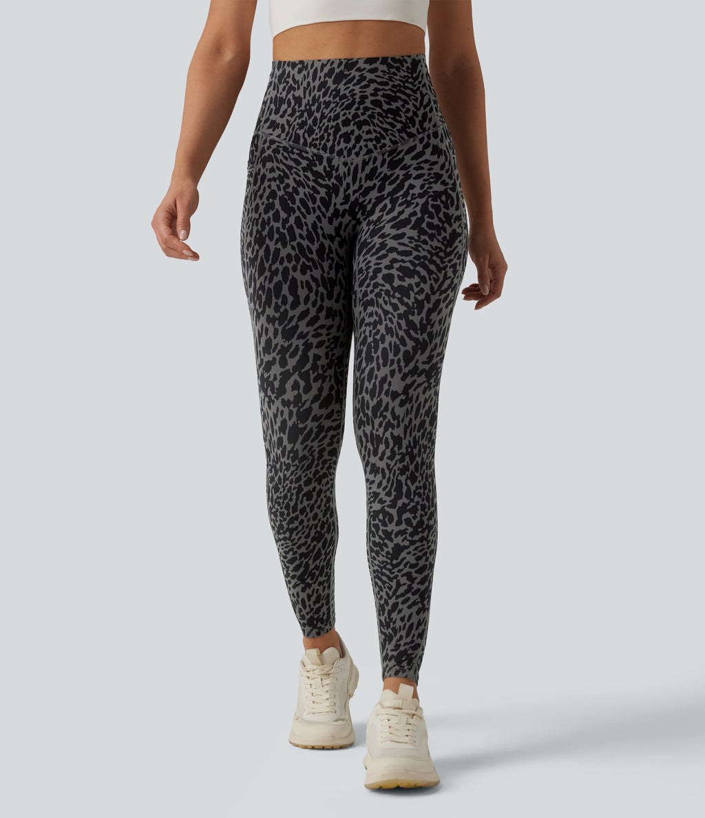 Leopard Print High Waisted Tummy Control Shaping Running 7/8 Leggings with Pockets — Storm Blur — view 3