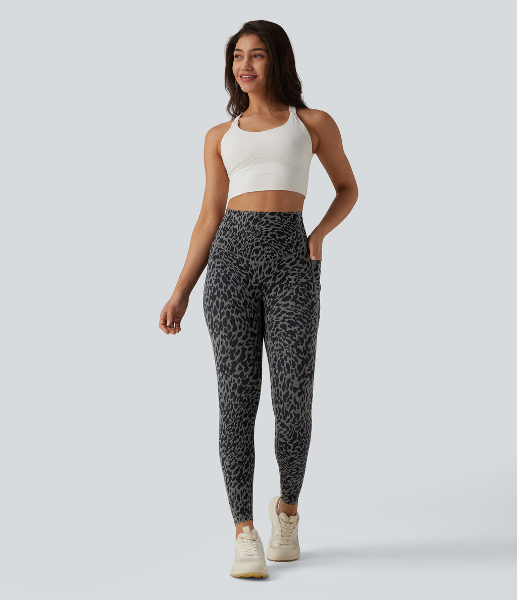 Leopard Print High Waisted Tummy Control Shaping Running 7/8 Leggings with Pockets — Storm Blur — view 6