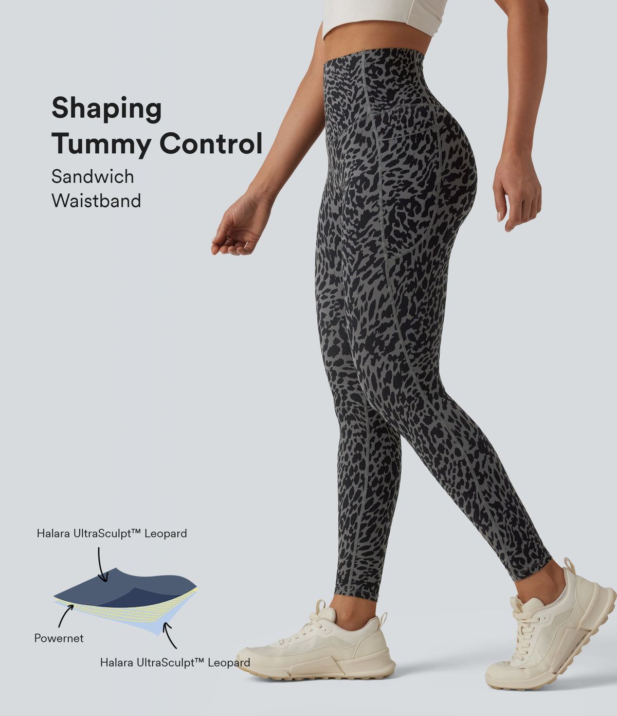 Leopard Print High Waisted Tummy Control Shaping Running 7/8 Leggings with Pockets — Storm Blur — view 1