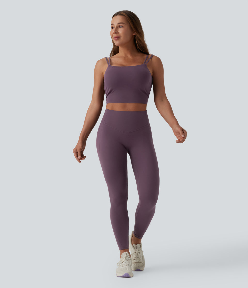 Double Straps Twisted Backless Cropped Built-in Bra Yoga Tank Top DD-F Cups — Night's Purple — view 6