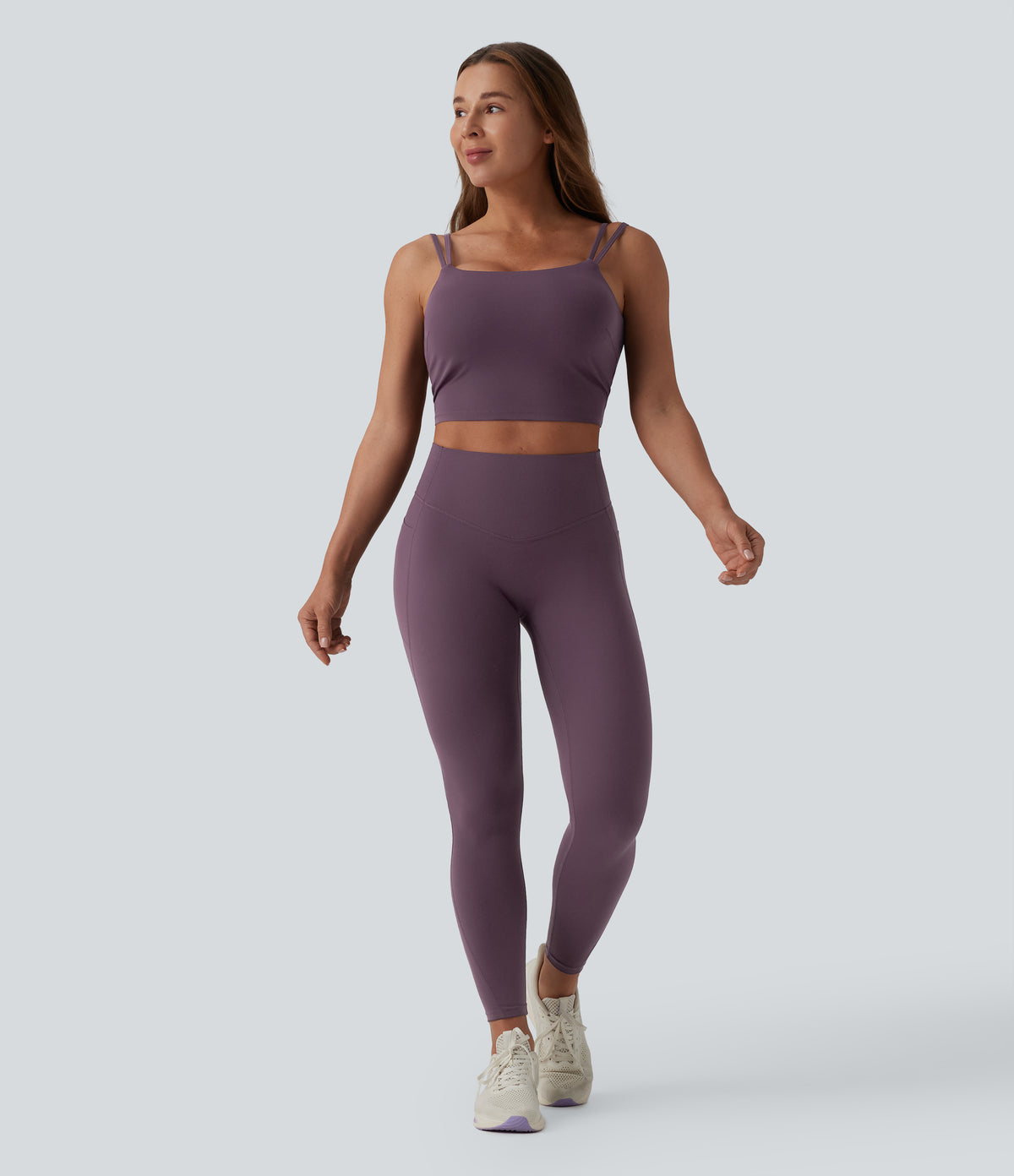 Double Straps Twisted Backless Cropped Built-in Bra Yoga Tank Top DD-F Cups — Night's Purple — view 6