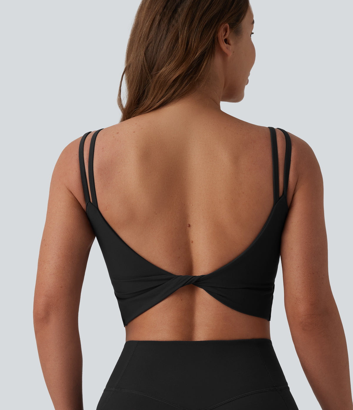 Double Straps Twisted Backless Cropped Built-in Bra Yoga Tank Top DD-F Cups — Black — view 7