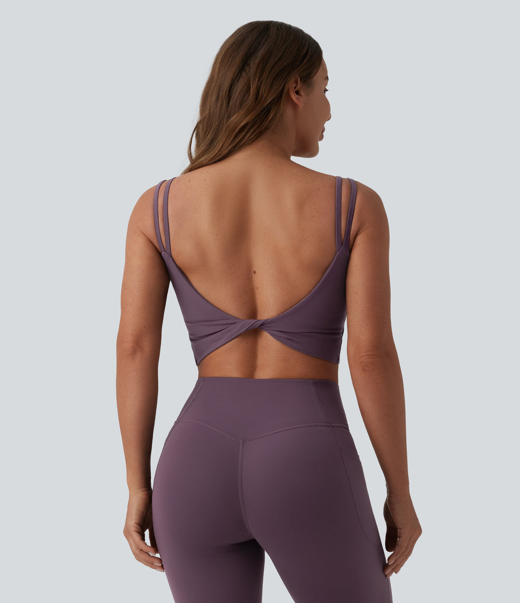 Double Straps Twisted Backless Cropped Built-in Bra Yoga Tank Top DD-F Cups — Night's Purple — view 4