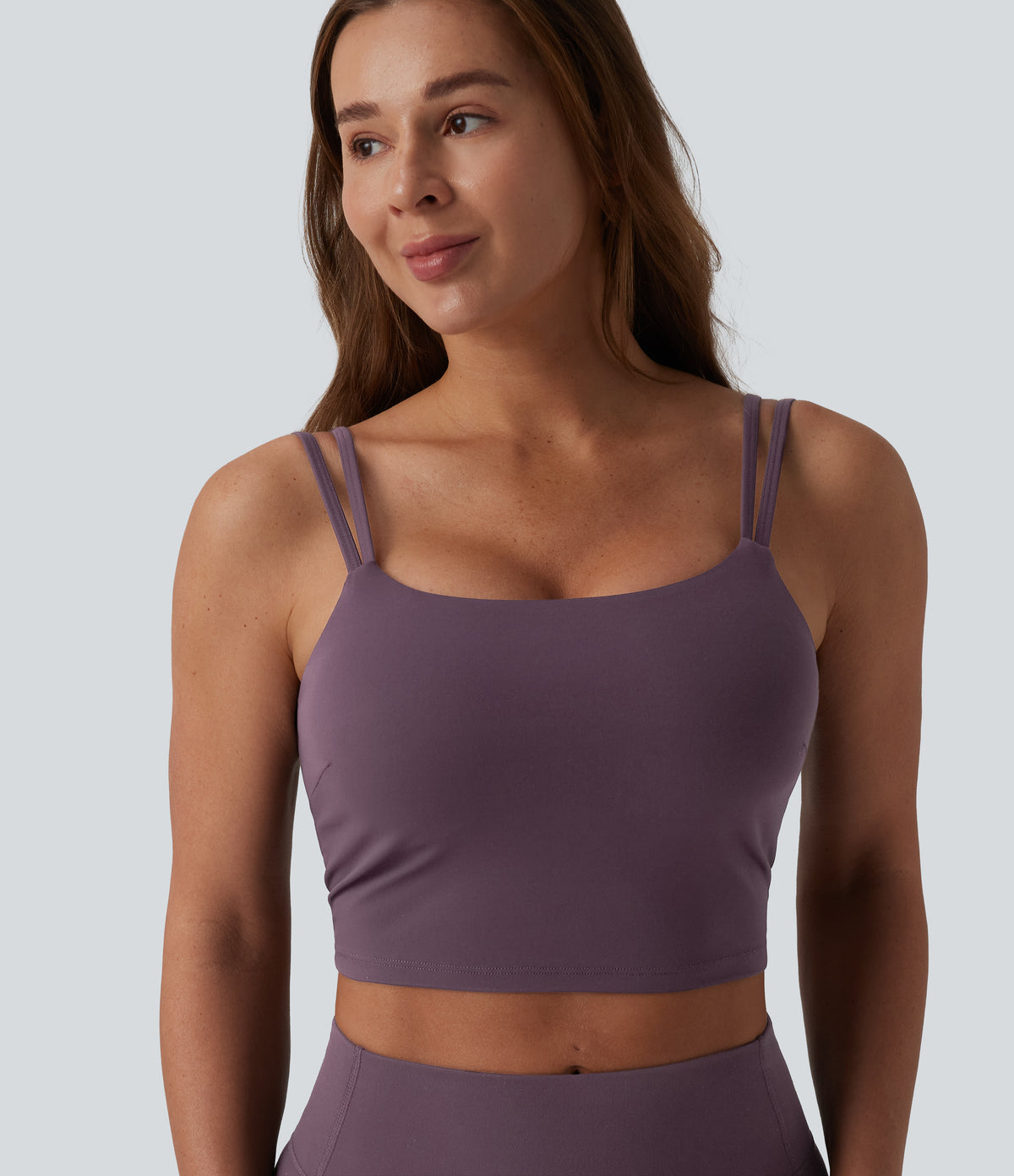 Double Straps Twisted Backless Cropped Built-in Bra Yoga Tank Top DD-F Cups — Night's Purple — view 5