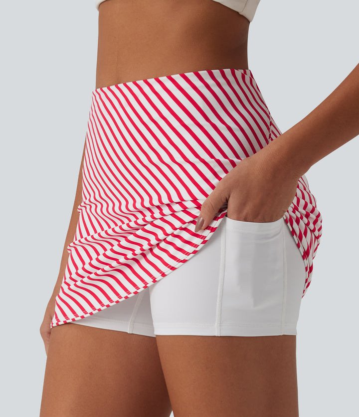 High Waisted 2-in-1 Curved Hem Stripe Mini Tennis Skirt with Pockets — Candy Stripe Whirl — view 9