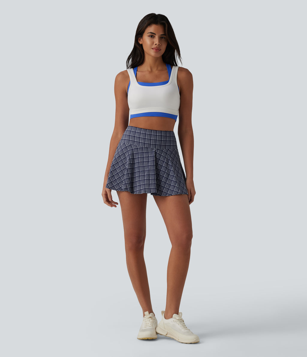 High Waisted 2-in-1 Plaid Quick Dry Flare Mini Tennis Skirt with Pockets — Mist Night Weave Plaid — view 6