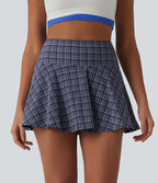 High Waisted 2-in-1 Plaid Quick Dry Flare Mini Tennis Skirt with Pockets — Mist Night Weave Plaid — view 3