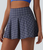 High Waisted 2-in-1 Plaid Quick Dry Flare Mini Tennis Skirt with Pockets — Mist Night Weave Plaid — view 5