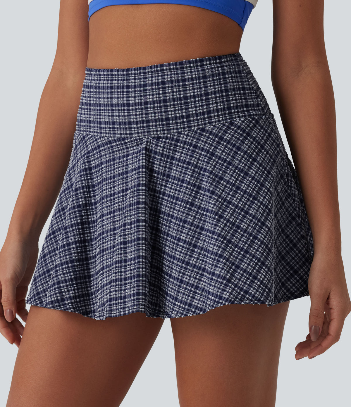 High Waisted 2-in-1 Plaid Quick Dry Flare Mini Tennis Skirt with Pockets — Mist Night Weave Plaid — view 5