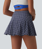 High Waisted 2-in-1 Plaid Quick Dry Flare Mini Tennis Skirt with Pockets — Mist Night Weave Plaid — view 2
