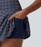 High Waisted 2-in-1 Plaid Quick Dry Flare Mini Tennis Skirt with Pockets — Mist Night Weave Plaid — view 4