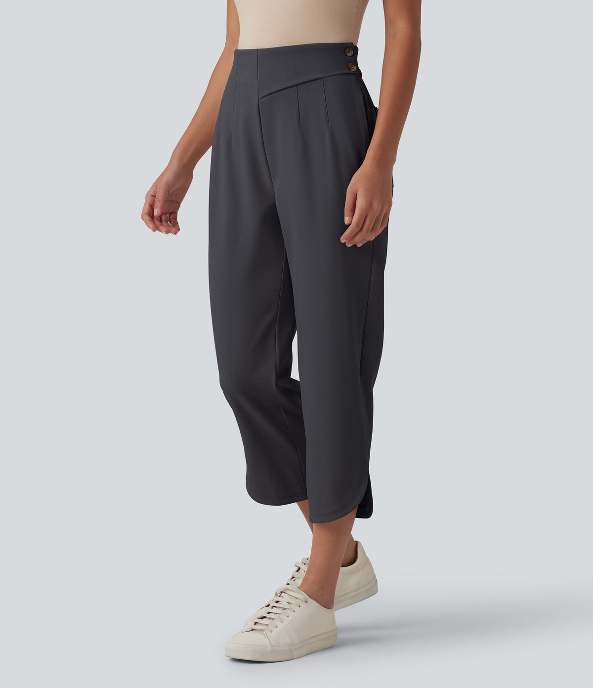 High Waisted Curved Hem Herringbone Work Cropped Tapered Trousers with Pockets — Blue Graphite — view 8