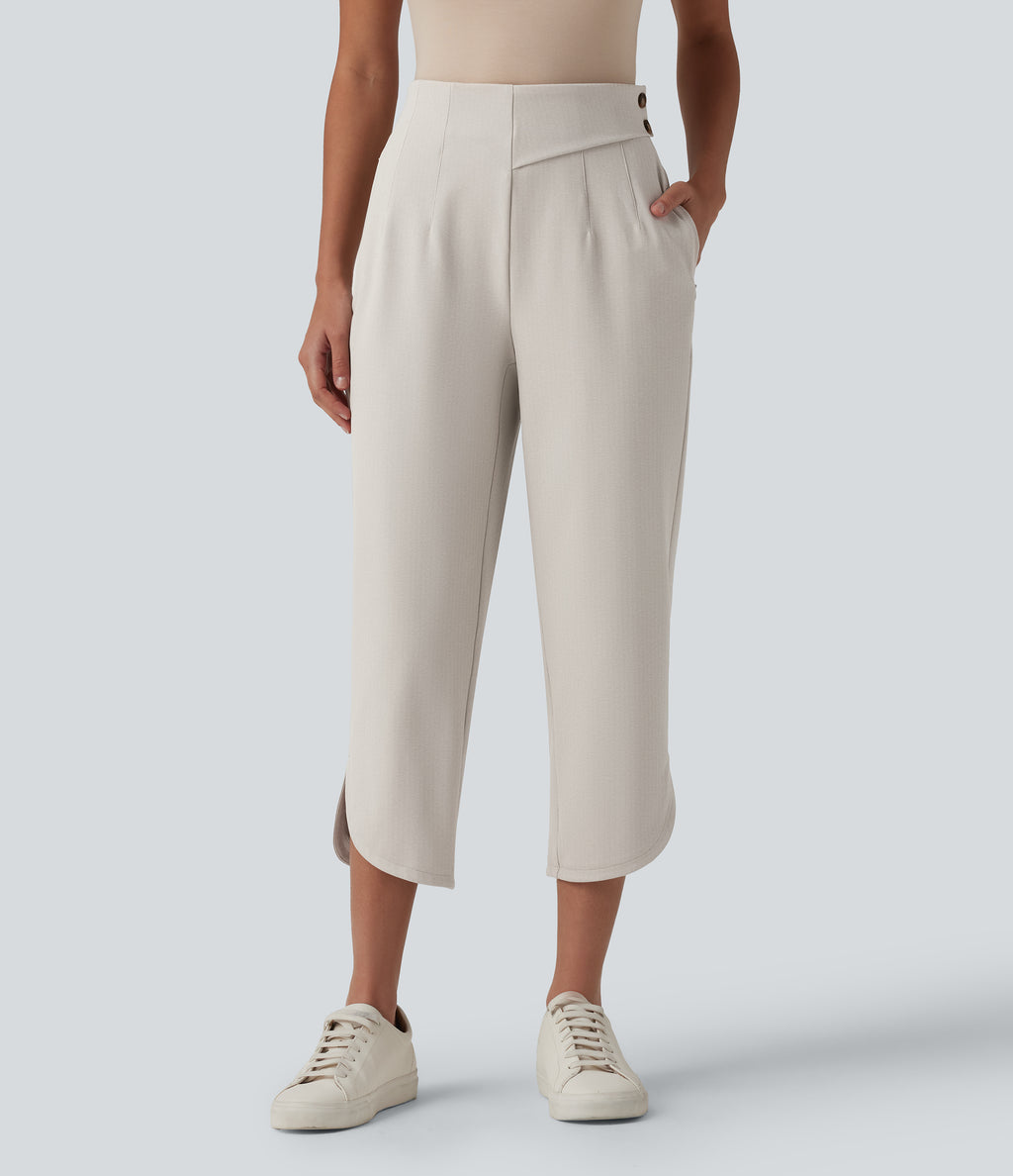 High Waisted Curved Hem Herringbone Work Cropped Tapered Trousers with Pockets — Moonbeam — view 3