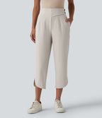 High Waisted Curved Hem Herringbone Work Cropped Tapered Trousers with Pockets — Moonbeam — view 3