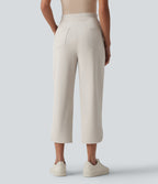 High Waisted Curved Hem Herringbone Work Cropped Tapered Trousers with Pockets — Moonbeam — view 2