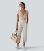 High Waisted Curved Hem Herringbone Work Cropped Tapered Trousers with Pockets — Moonbeam — view 7