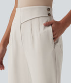 High Waisted Curved Hem Herringbone Work Cropped Tapered Trousers with Pockets — Moonbeam — view 4