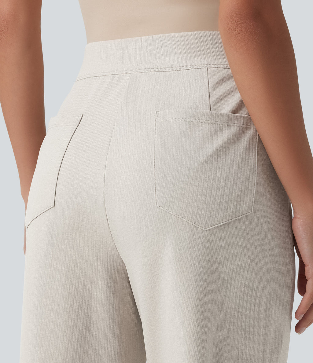 High Waisted Curved Hem Herringbone Work Cropped Tapered Trousers with Pockets — Moonbeam — view 5