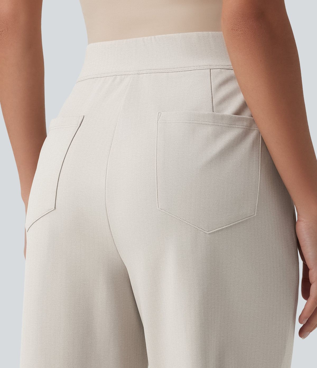 High Waisted Curved Hem Herringbone Work Cropped Tapered Trousers with Pockets — Moonbeam — view 5