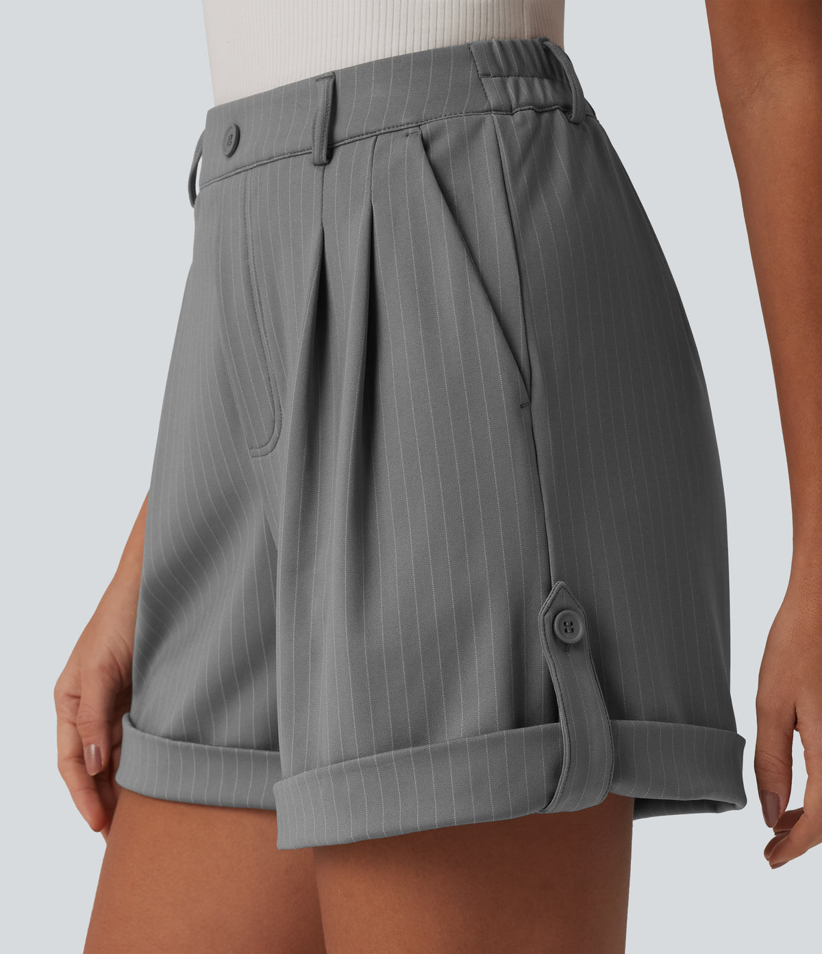 High Waisted Stripe Casual Shorts 5'' with Pockets — Dusk Smoke Pinstripe — view 8