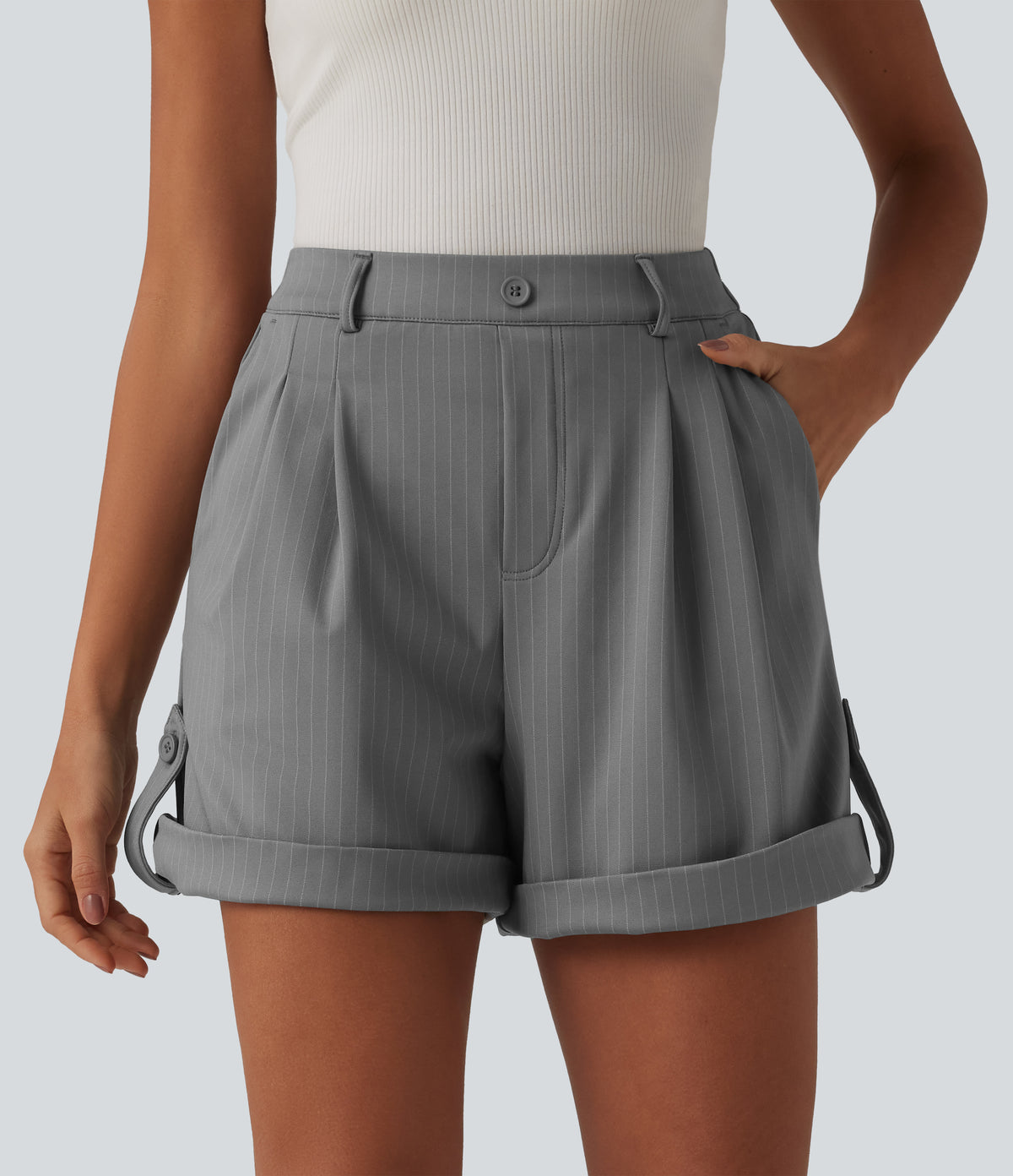 High Waisted Stripe Casual Shorts 5'' with Pockets — Dusk Smoke Pinstripe — view 3