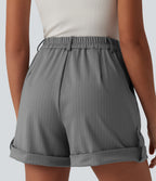 High Waisted Stripe Casual Shorts 5'' with Pockets — Dusk Smoke Pinstripe — view 7