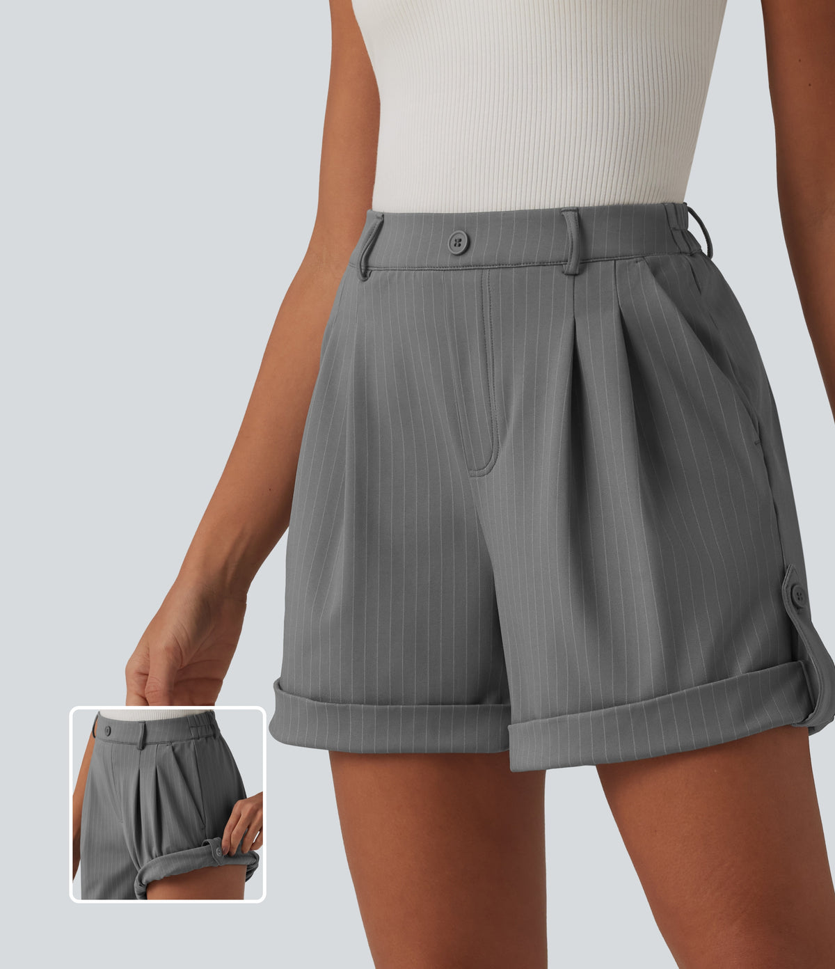 High Waisted Stripe Casual Shorts 5'' with Pockets — Dusk Smoke Pinstripe — view 1
