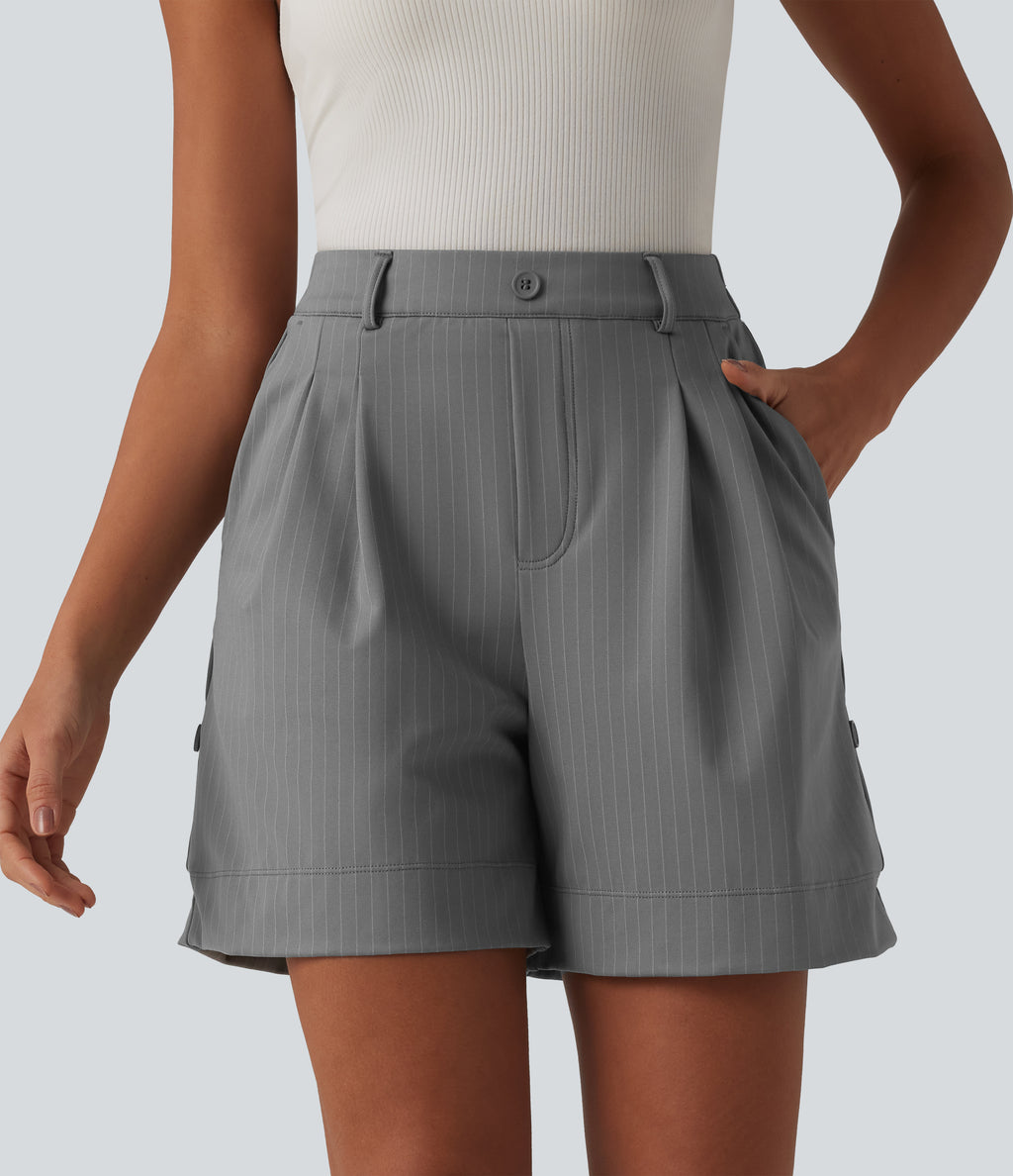 High Waisted Stripe Casual Shorts 5'' with Pockets — Dusk Smoke Pinstripe — view 4